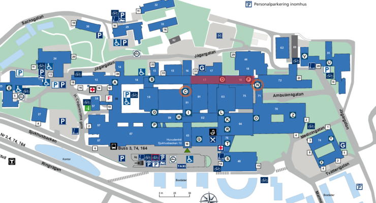 Markering som visar område där korridor är avstängd på Södersjukhuset.