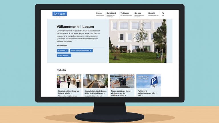 Del at startsidan av locum.se på en animerad dataskärm.