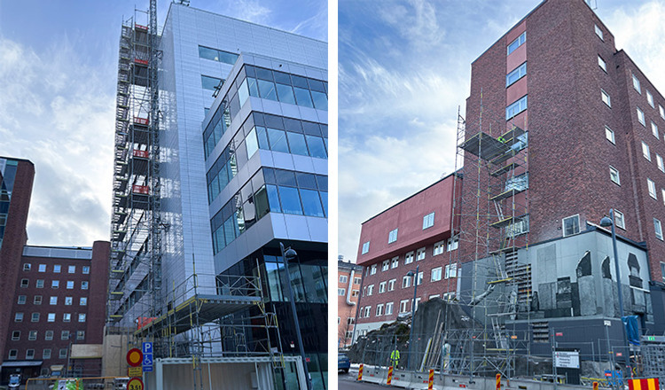 Två bilder av en byggnad som uppförs i en stad.