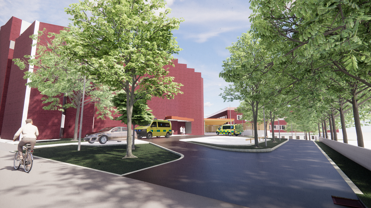 En man cyklar l&auml;ngs en gata bredvid h&ouml;ga byggnader.  Det &auml;r en illustration.