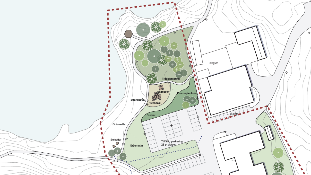 Skiss som visar plan f&ouml;r nytt gr&ouml;nomr&aring;de d&auml;r det tidigare var en helikopterplatta.