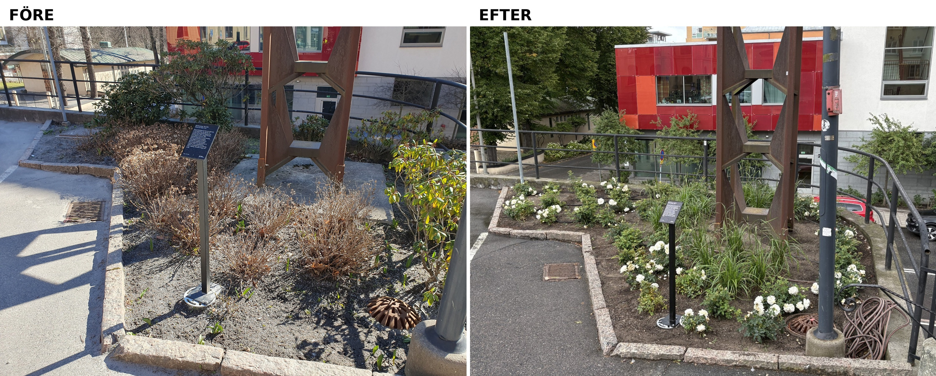 Två bilder som visar byggnader och blommor