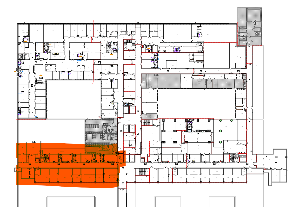 Planritning över en källarvåning på Nacka sjukhus.