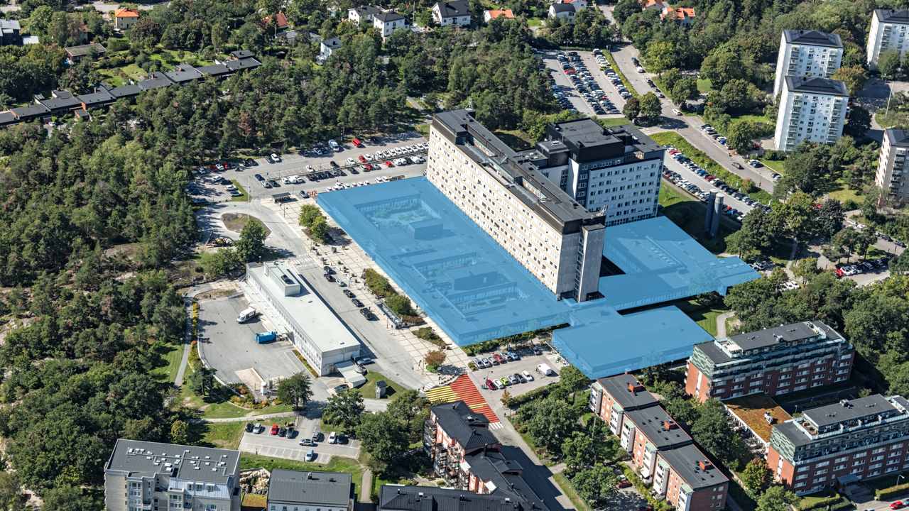 Flygbild &ouml;ver Nacka sjukhus med l&aring;gdelen p&aring; sjukhuset markerad.