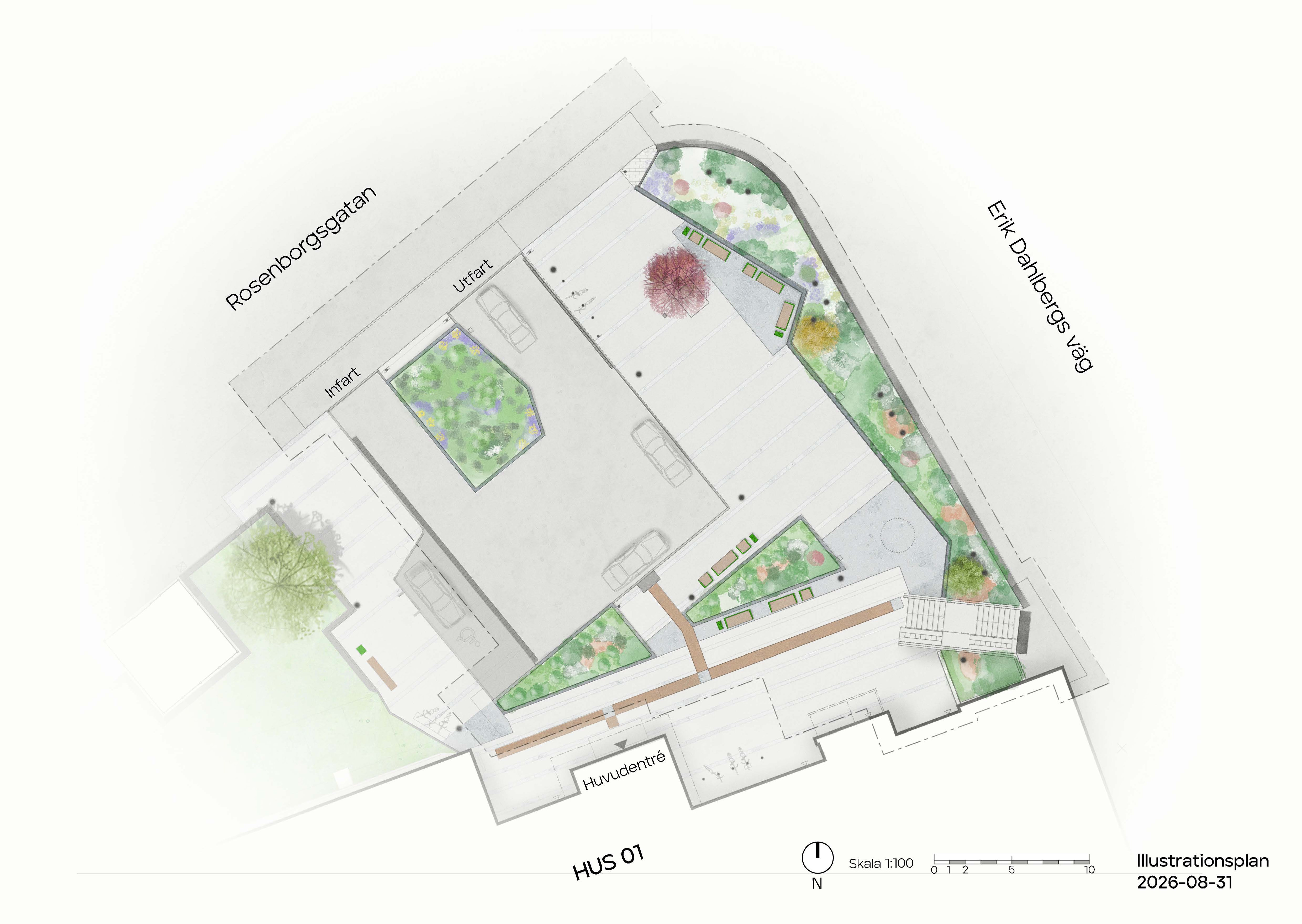 En planritning över ett markområde med vägar och träd.