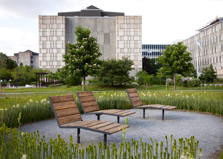 Del av fasad vid Huddinge sjukhus och park med träd, gräs och bänkar.