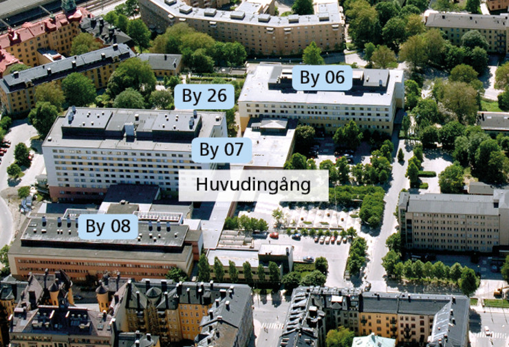 Flygbild ed husnummer över Sabbatsbergs sjukhusområde.