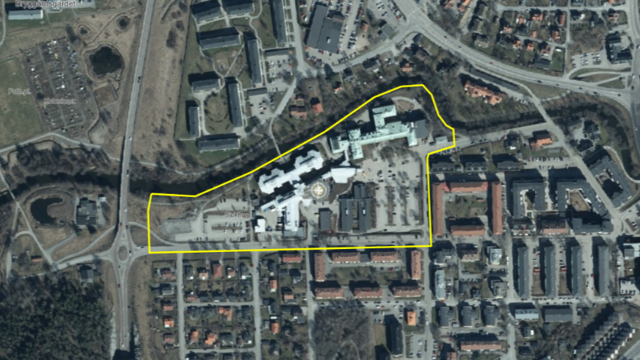 Flygfoto som markerar omr&aring;det f&ouml;r fastigheten Lasarettet 1, Norrt&auml;lje sjukhus.