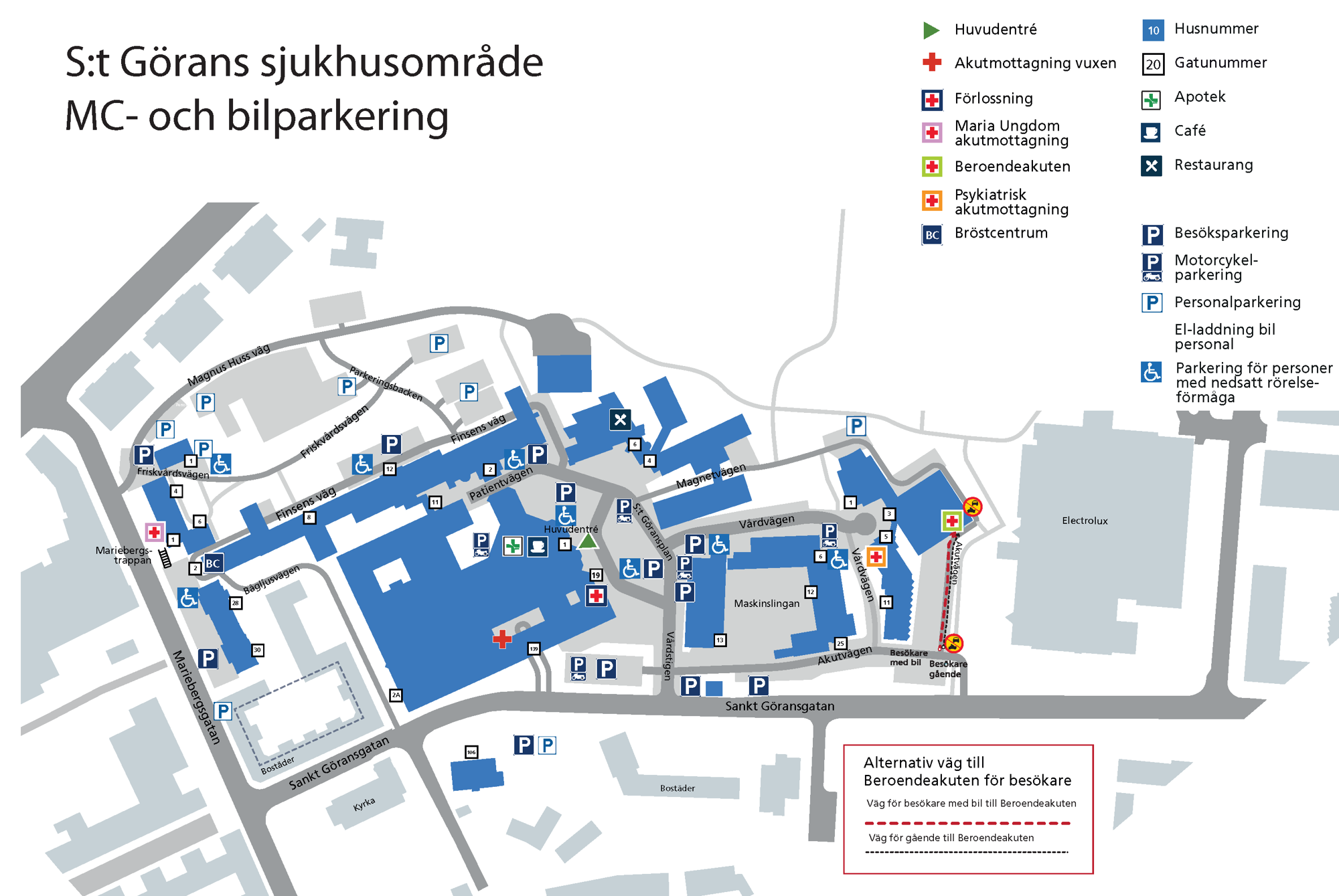En karta &ouml;ver ett sjukhusomr&aring;de med m&aring;nga byggnader.