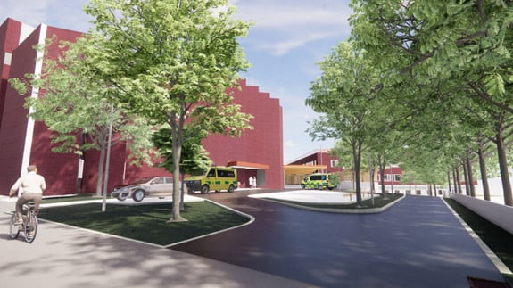 En man cyklar längs en gata bredvid höga byggnader.  Det är en illustration.