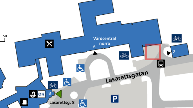 Kartbild d&auml;r ber&ouml;rt omr&aring;de f&ouml;r ny parkyta &auml;r markerad med r&ouml;d fyrkant.