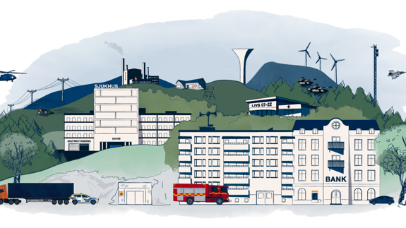 Illustration med hus, berg, helikopter, brandbil.