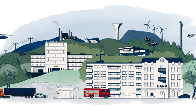 Illustration med hus, berg, helikopter, brandbil.