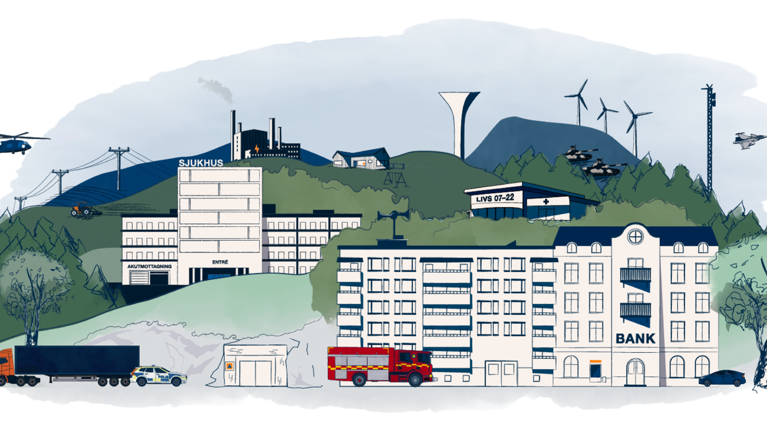 Illustration med hus, berg, helikopter, brandbil.