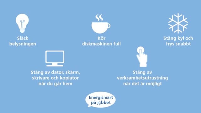 Fem tips på att spara på energi. Illustration och text.
