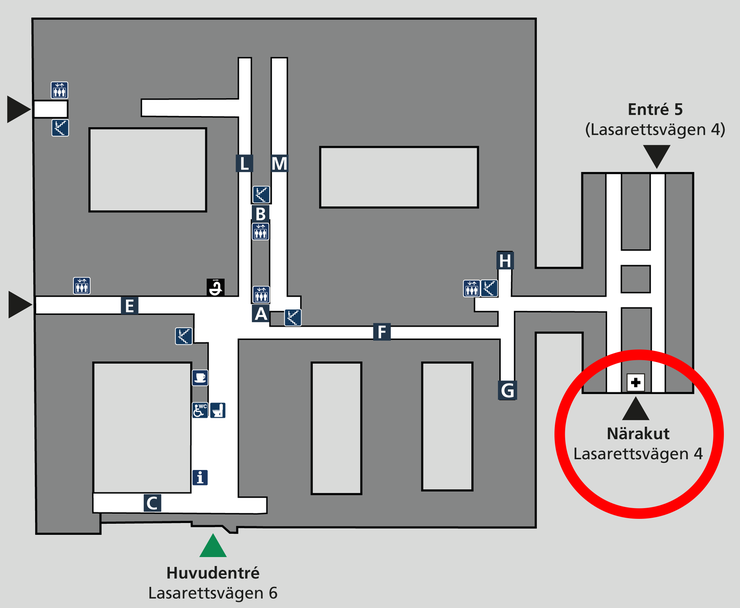 Inomhuskarta över Nacka sjukhus med närakuten inringad.