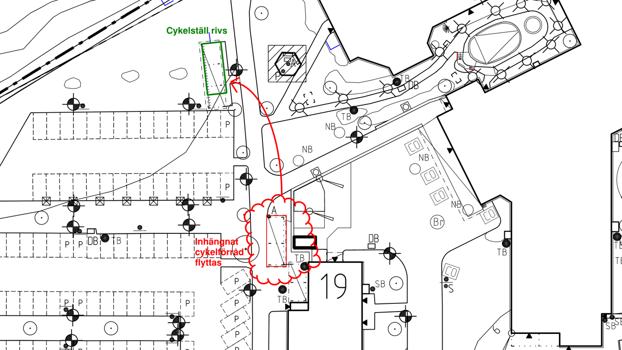 Karta som visar cykelparkering som ska rivas och flyttas.