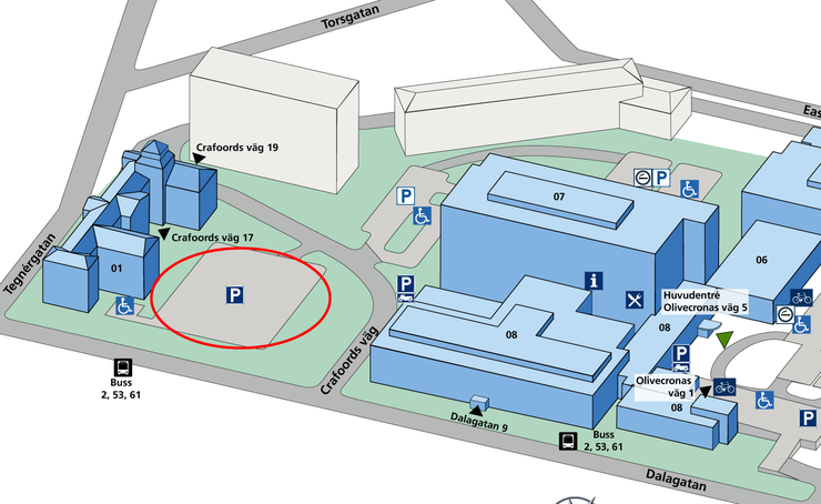 Översiktskarta med parkering inringat.