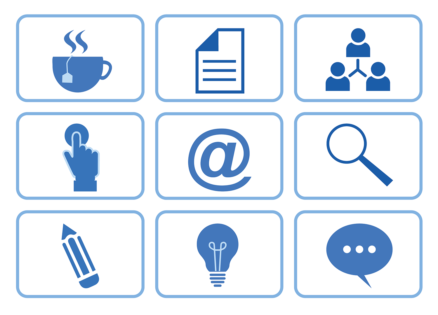 Nio ikoner i ett rutm&ouml;nster. Visar bland annat tekopp, f&ouml;rstoringsglas, penna, gl&ouml;dlampa, pratbubbla.