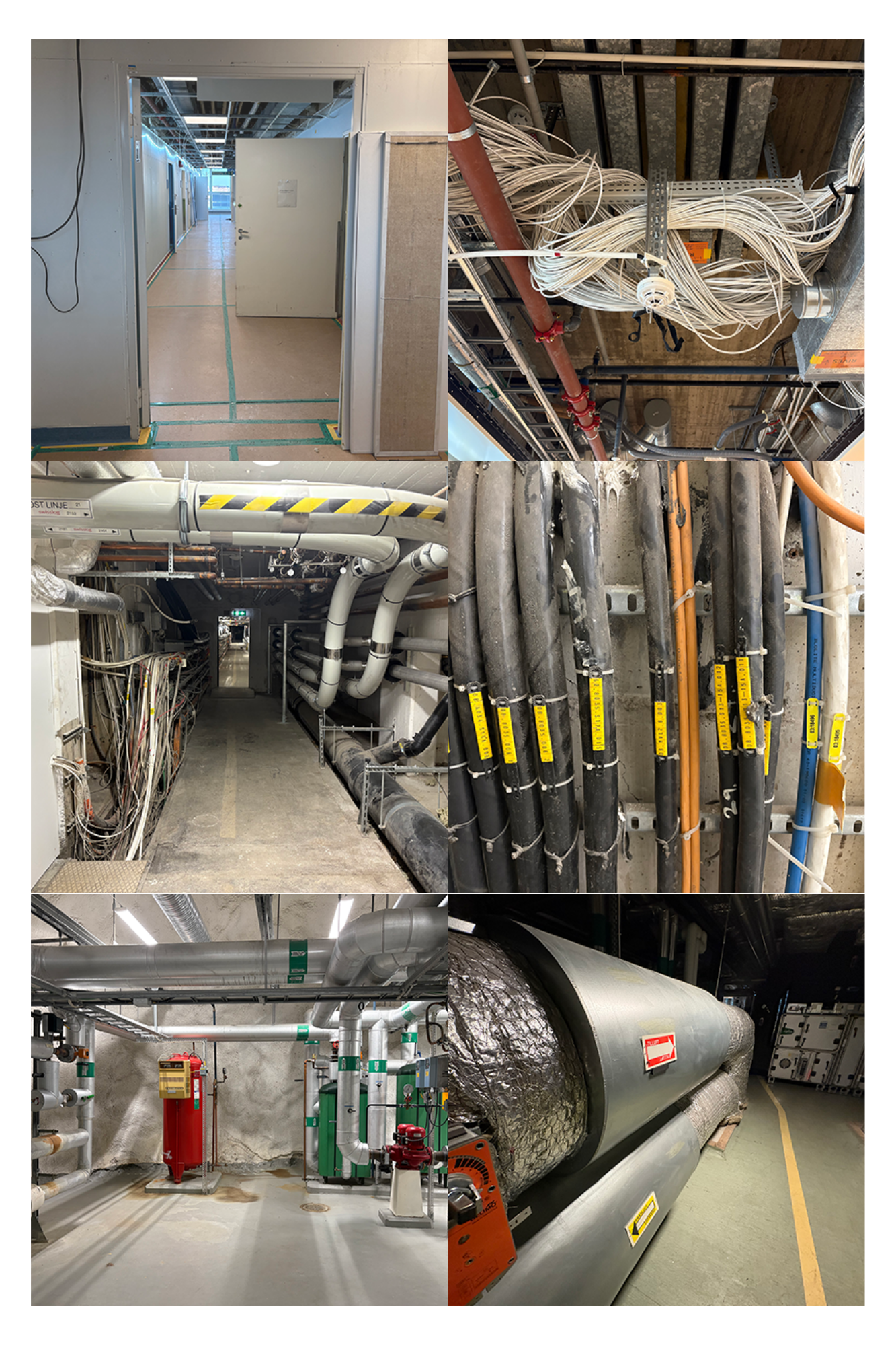 Olika bilder av korridorer, sladdar, r&ouml;r och teknik