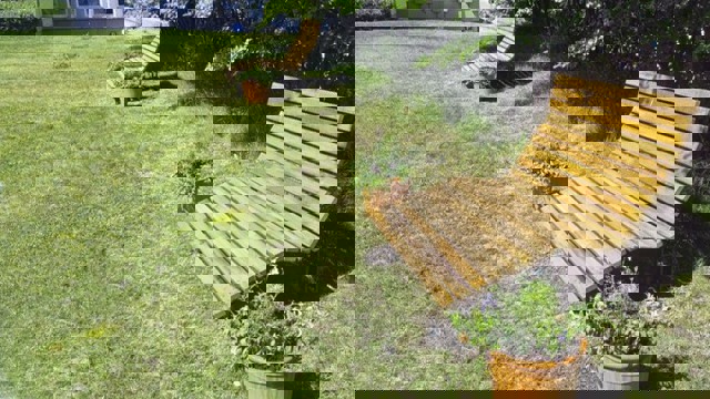 Solstolar i trä vid Jakobsbergs sjukhus.