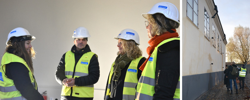 Locummedarbetare och representanter från Kraftens hus som bär skyddsvästar och hjälmar.
