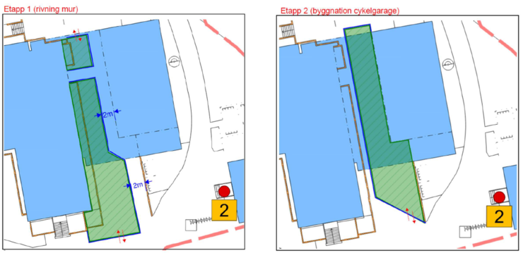 Skiss som visar berört område där inhägnat cykelgarage byggs vid Norrtälje sjukhus.