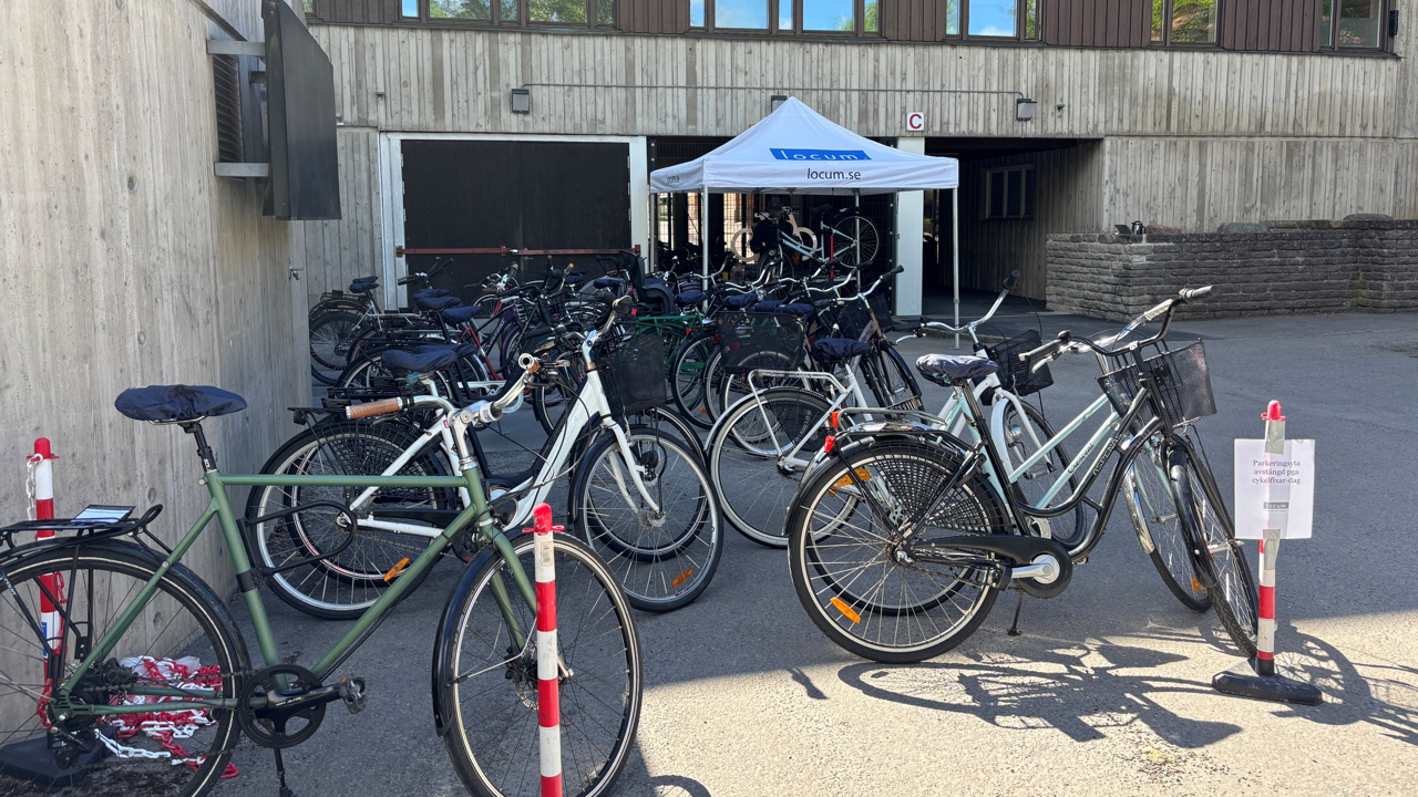 Cyklar uppradade intill byggnad under cykelservice.