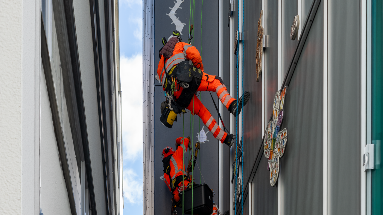 Kl&auml;ttrare som h&auml;nger vid en h&ouml;g byggnad. 
