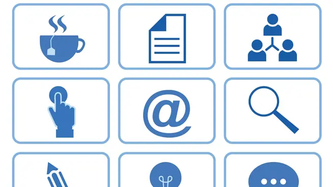 Nio ikoner i ett rutmönster. Visar bland annat tekopp, förstoringsglas, penna, glödlampa, pratbubbla.