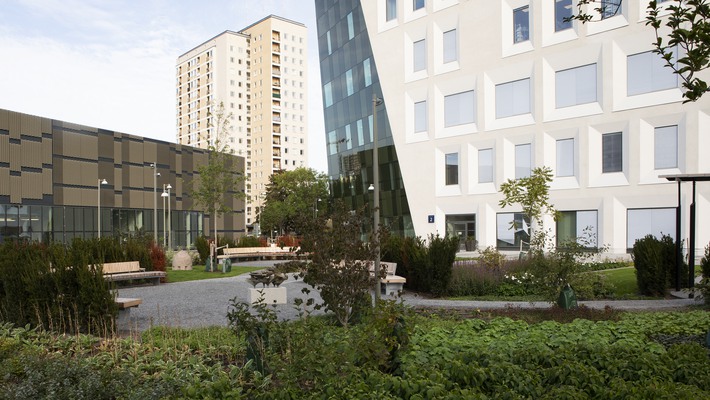 Park och utomhusmiljö med plantering och bänkar vid Södersjukhuset.