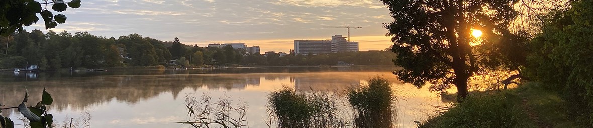 Vy mot Danderyds sjukhus från Ulriksdals slott med Edsviken i förgrunden.