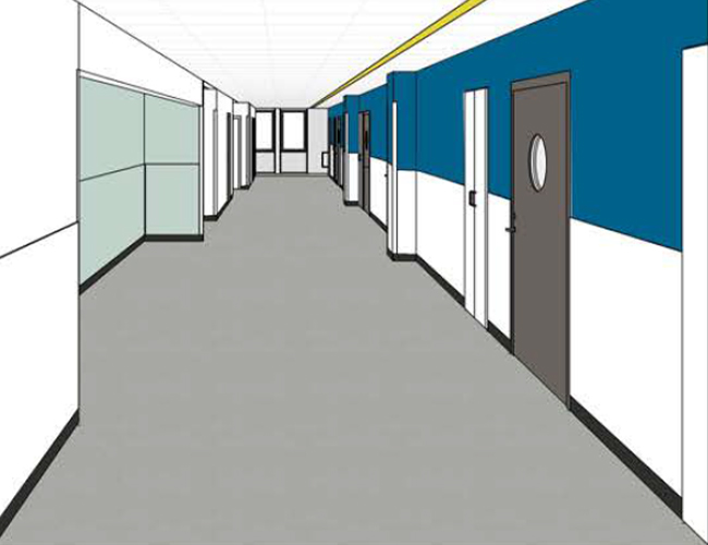 Illustration över korridor på nya vuxenalutmottagningen Huddinge sjukhusområde.