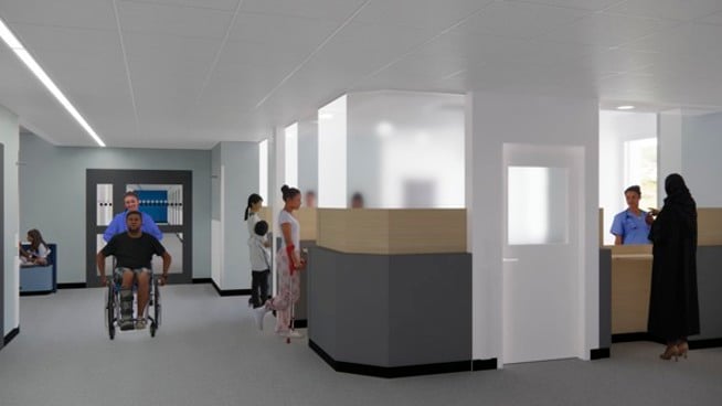 Illustration på Närakutens nya reception på Huddinge sjukhusområde.