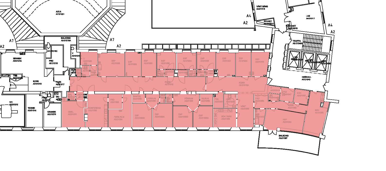 Planritning för ledig lokal vid Karolinska Solna, 534 kvm.