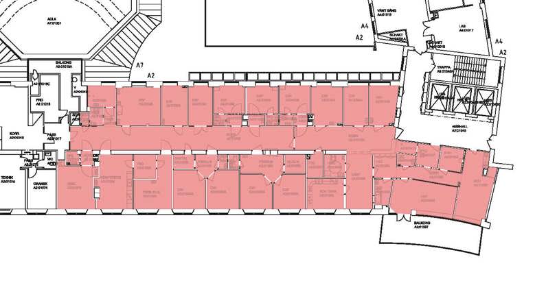 Planritning för ledig lokal vid Karolinska Solna, 534 kvm.