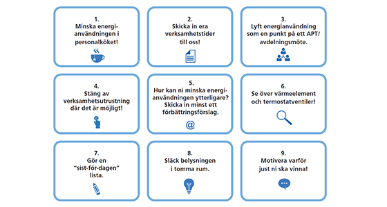 Bingobricka med nio uppdrag med fokus på energibesparing.